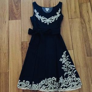 Anthropologie Navy Dress with Cream Embroidered Trim
